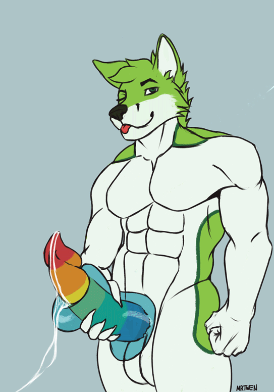 animated anthro balls black_nose bodily_fluids bottomless canid canine clothed clothing cum cum_on_penis cum_on_toy digital_media_(artwork) ejaculation erection fidget_the_fox fingers fox fur genital_fluids genitals green_body green_eyes green_fur hair jerking_off_hand_motion looking_at_viewer loop looping_animation male mammal masturbation mrtwen multicolored_penis muscular muscular_male nude one_eye_closed penetrable_sex_toy penetration penis rainbow_penis sex sex_toy signature simple_background smile solo text tongue tongue_out white_body white_fur wink