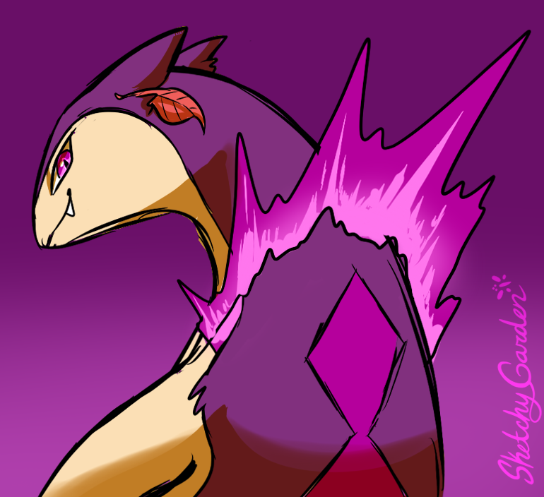 artist_name colored_fire fan_character fangs fire fur game_item gradient_background leaf looking_at_viewer looking_back male_(lore) nintendo pok&eacute;mon pok&eacute;mon_(species) purple_background purple_body purple_eyes purple_fire purple_fur simple_background sketchygarden solo typhlosion tyson_(tyson_the_typhlosion) video_games