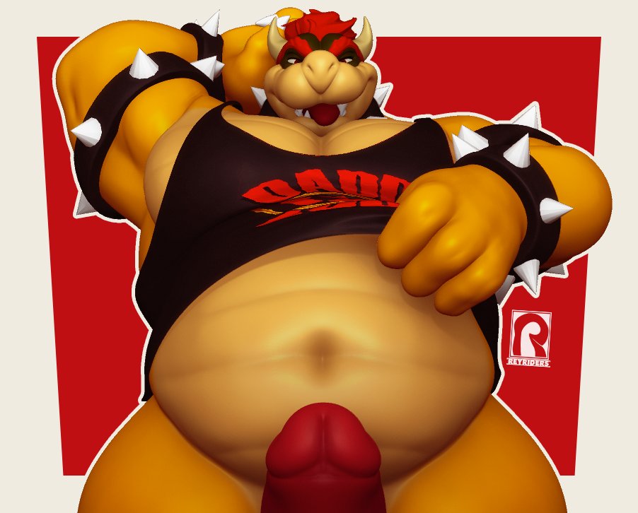 2022 3d_(artwork) anthro armband belly biceps big_belly big_muscles border bottomless bowser bracelet clothed clothing collar digital_media_(artwork) erection eyebrows front_view genitals hair horn humanoid_genitalia humanoid_penis jewelry koopa looking_at_viewer male mario_bros musclegut muscular muscular_anthro muscular_male narrowed_eyes navel nintendo overweight overweight_anthro overweight_male pecs penis presenting presenting_penis raised_clothing raised_shirt raised_tank_top raised_topwear red_background reyriders scalie shirt simple_background smile solo spiked_armband spiked_bracelet spiked_collar spikes tank_top teeth text text_on_clothing text_on_shirt text_on_tank_top text_on_topwear thick_thighs tongue tongue_out topwear video_games watermark white_border