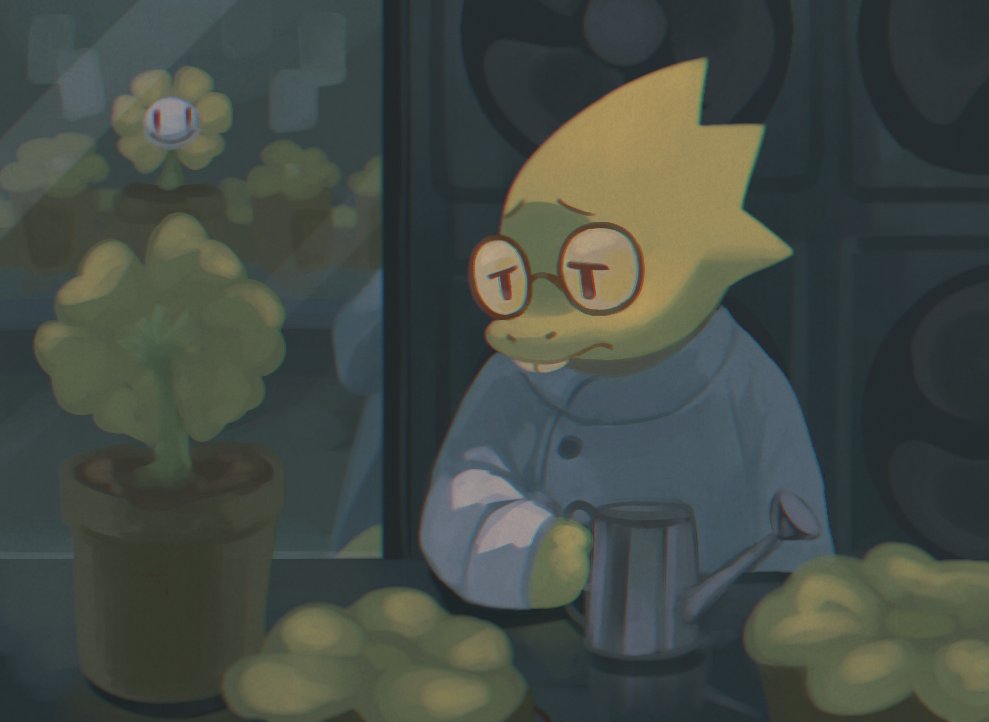 alphys anthro beady_eyes buckteeth clothing coat detailed_background duo elemental_creature eyewear female flora_fauna flower flower_creature flower_pot flowey_the_flower frown furniture glasses green_body half-closed_eyes holding_object holding_tool inside lab_coat lizard mechanical_fan mirror momoka_(artist) narrowed_eyes plant red_eyes reptile sad scales scalie smile table teeth tools topwear undertale undertale_(series) video_games watering_can white_body yellow_body yellow_scales