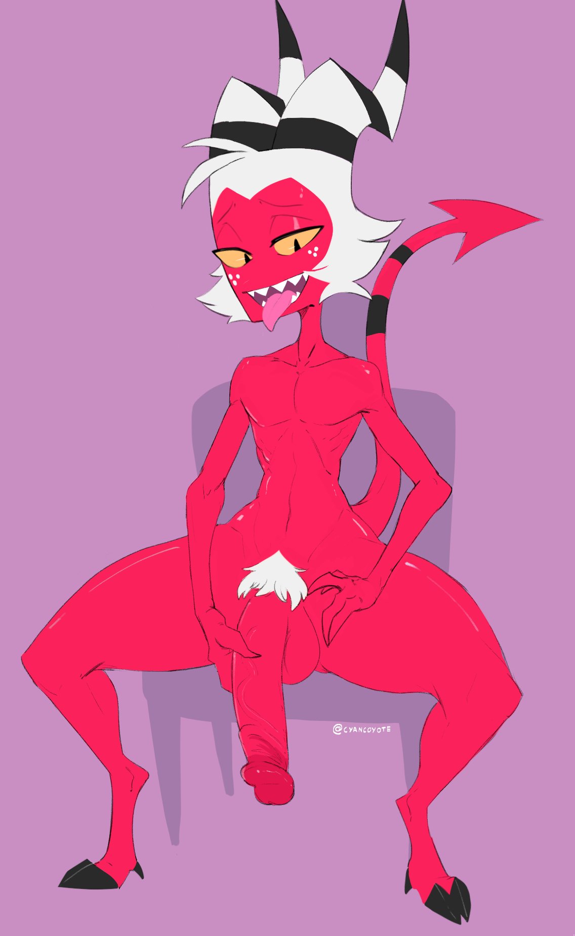 anthro chair cyancoyote demon furniture genitals hair helluva_boss hi_res horn humanoid_genitalia humanoid_penis imp looking_at_viewer male moxxie_(helluva_boss) navel nude penis presenting presenting_penis pubes purple_background red_body red_skin sharp_teeth simple_background sitting spade_tail spread_legs spreading striped_horn stripes teeth thick_thighs tongue tongue_out white_hair white_pubes yellow_sclera
