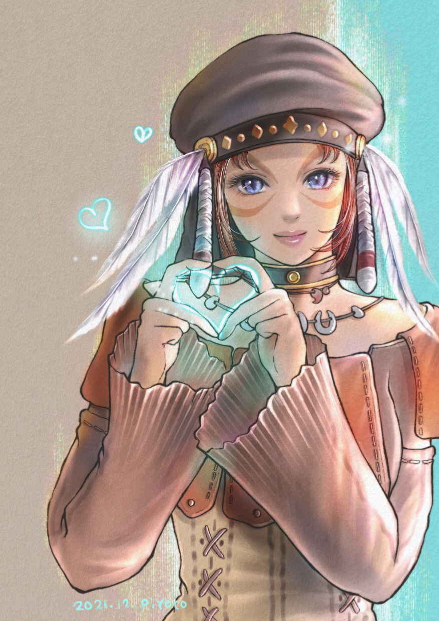 1girl 2021 artist_name avatar_(ff11) beret black_choker black_headwear choker closed_mouth dated eyelashes facial_mark final_fantasy final_fantasy_xi hands_up hat hat_feather heart heart_hands highres jewelry light_blue_eyes long_sleeves looking_at_viewer mithra_(ff11) necklace pink_lips piyoco red_hair short_hair smile solo white_feathers