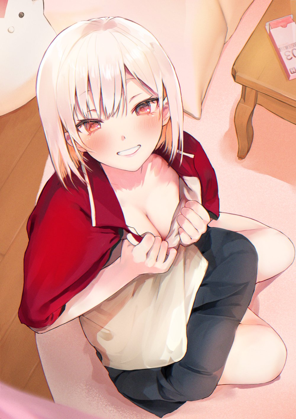 1girl bangs black_skirt blush breasts cleavage collarbone commentary_request eyebrows_visible_through_hair from_above grin highres looking_at_viewer looking_up medium_breasts on_floor original pleated_skirt red_eyes shirt short_sleeves sitting skirt smile solo table tomozero white_hair white_shirt yokozuwari