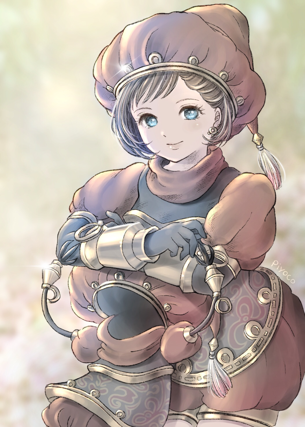 1girl artist_name automaton avatar_(ff11) black_gloves brown_hair cowboy_shot earrings elbow_gloves final_fantasy final_fantasy_xi glint gloves hat highres hume jewelry legs_together light_blue_eyes looking_at_viewer piyoco puffy_short_sleeves puffy_sleeves puppetmaster_(final_fantasy) red_headwear short_hair short_sleeves smile sparkle