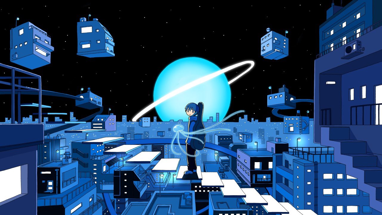 0_0 1boy bangs black_pants blue_hair blue_theme building city closed_mouth commentary floating guitar_case hair_between_eyes hands_in_pockets hood hood_down hoodie instrument_case jellyfish lamppost looking_at_viewer male_focus night night_sky pants saturn_(planet) scenery shoes short_hair sky smile sneakers solo stairs standing star_(sky) sweatshirt whaledontsleep wide_shot