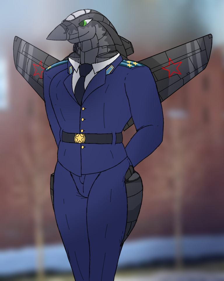 2020 aircraft anthro clothed clothing fully_clothed hands_behind_back kernkraftwerks living_aircraft living_machine living_vehicle machine male military_uniform necktie outside portrait solo standing su-47 sukhoi three-quarter_portrait uniform vehicle
