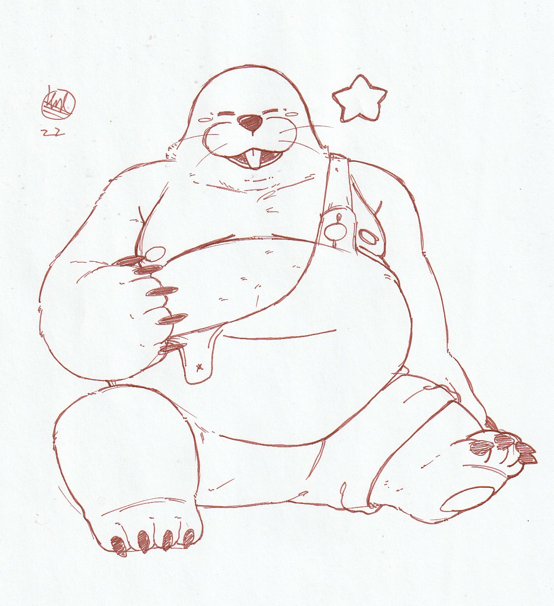 2022 anthro belly clothing eulipotyphlan eyes_closed lexor_komuga male mammal mario_bros mole_(animal) monty_mole moobs nintendo nipples overalls overweight overweight_male simple_background sitting sketch solo video_games