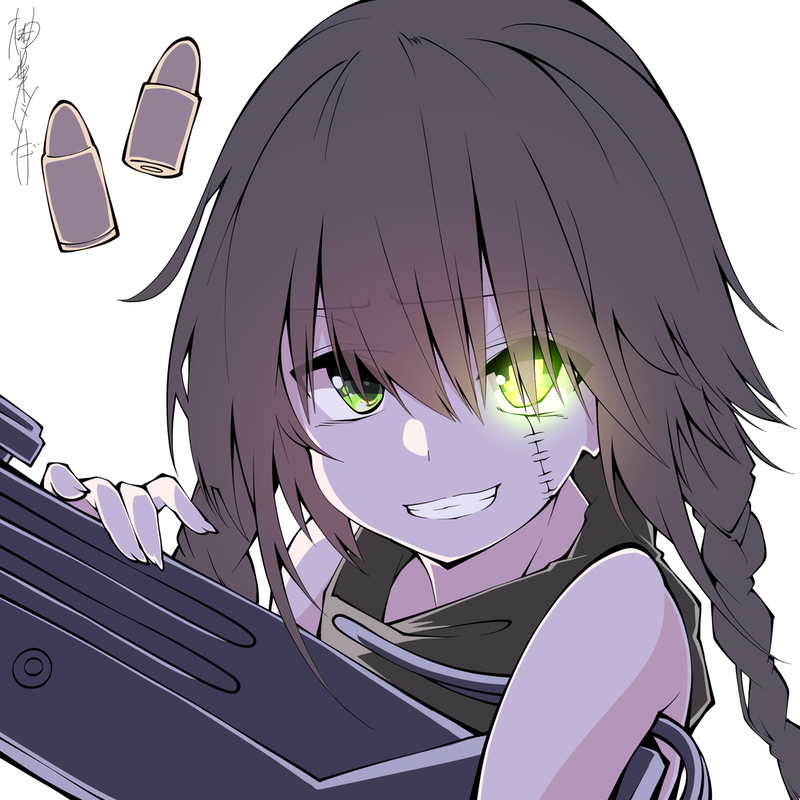 1girl bangs black_hair braid bullet commission girls'_frontline glowing glowing_eye green_eyes grin gun hair_between_eyes holding holding_gun holding_weapon long_hair looking_at_viewer mac-10_(girls'_frontline) portrait sakakiba_misogi signature simple_background skeb_commission sleeveless smile solo stitched_face stitches twin_braids weapon white_background