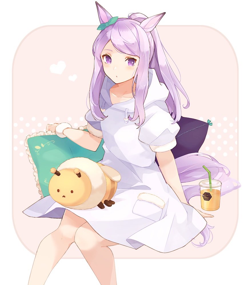1girl animal_ears arm_support bangs bee border bow bug collarbone commentary_request cup cushion cushion_grab disposable_cup dress drinking_straw ear_bow fruit_juice green_bow heart hoodie_dress horse_ears horse_girl horse_tail knees_together_feet_apart light_blush long_hair looking_at_viewer mejiro_mcqueen_(umamusume) outside_border oversized_clothes parted_lips pink_hair ponytail puffy_short_sleeves puffy_sleeves purple_eyes shakemi_(sake_mgmgmg) short_sleeves sidelocks sitting solo stuffed_toy swept_bangs tail umamusume white_background white_dress wristband