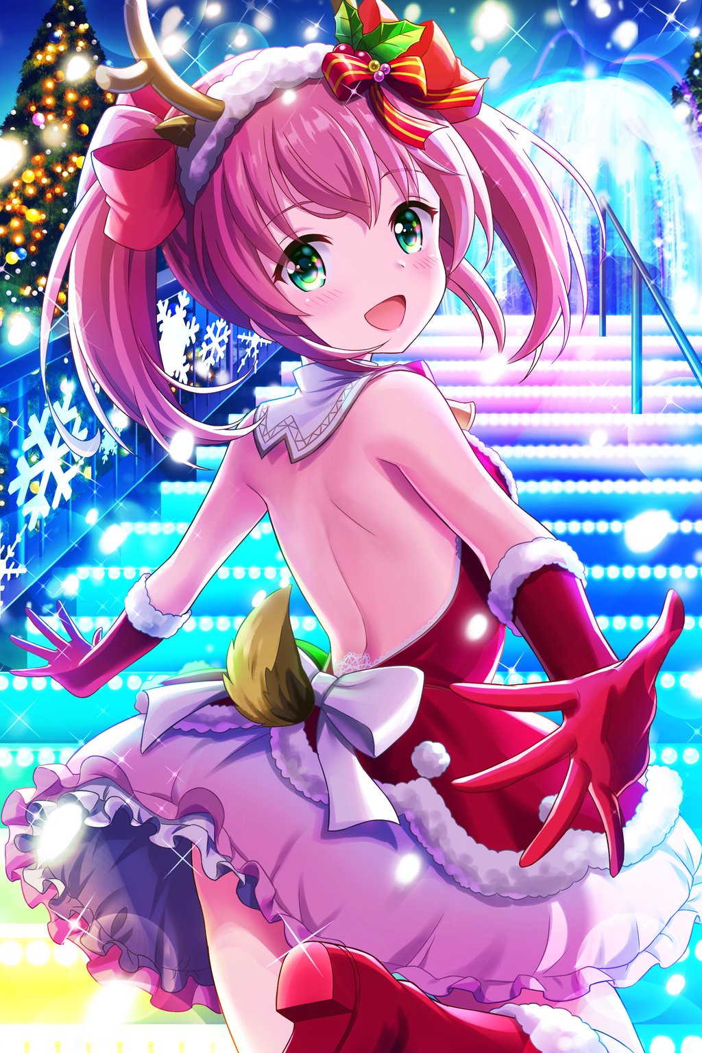 1girl alternative_girls animal_ears bare_back bow christmas christmas_tree deer_ears dress eyebrows_visible_through_hair fake_animal_ears fountain gloves green_eyes highres looking_at_viewer looking_back mano_sakurako night official_art open_mouth outdoors pink_hair red_dress red_gloves smile solo stairs twintails white_bow