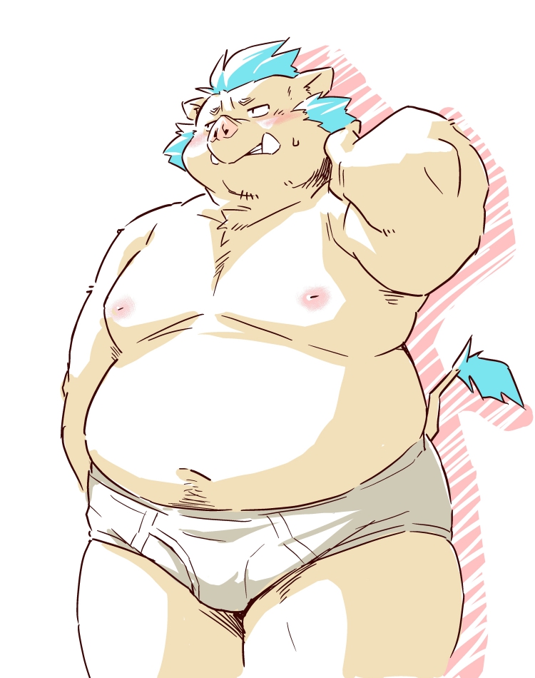 2022 anthro belly blush bodily_fluids clothing gouryou kemono lifewonders male mammal moobs navel nipples overweight overweight_male solo suid suina sus_(pig) sweat takagi_kyou tokyo_afterschool_summoners underwear video_games wild_boar