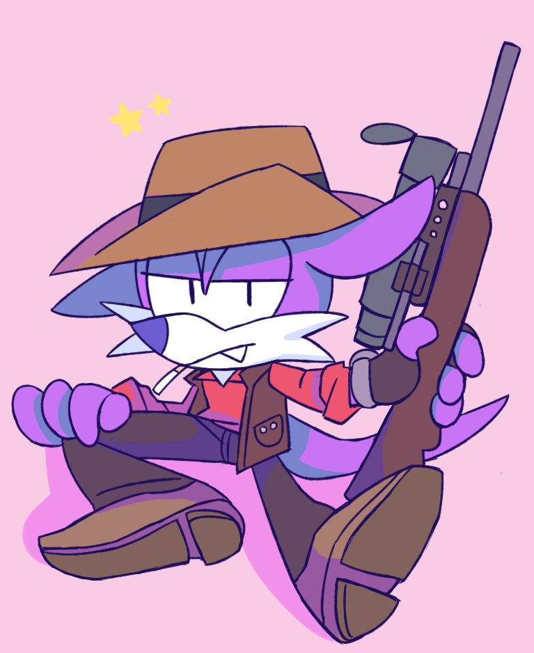 2016 anthro cherucat cigarette clothed clothing fang_the_sniper fangs fingerless_gloves fully_clothed fur gloves gun handwear hat headgear headwear looking_at_viewer male mammal mustela mustelid musteline purple_body purple_fur ranged_weapon rifle sega simple_background sniper_rifle solo sonic_the_fighters sonic_the_hedgehog_(series) team_fortress_2 true_musteline valve video_games weapon
