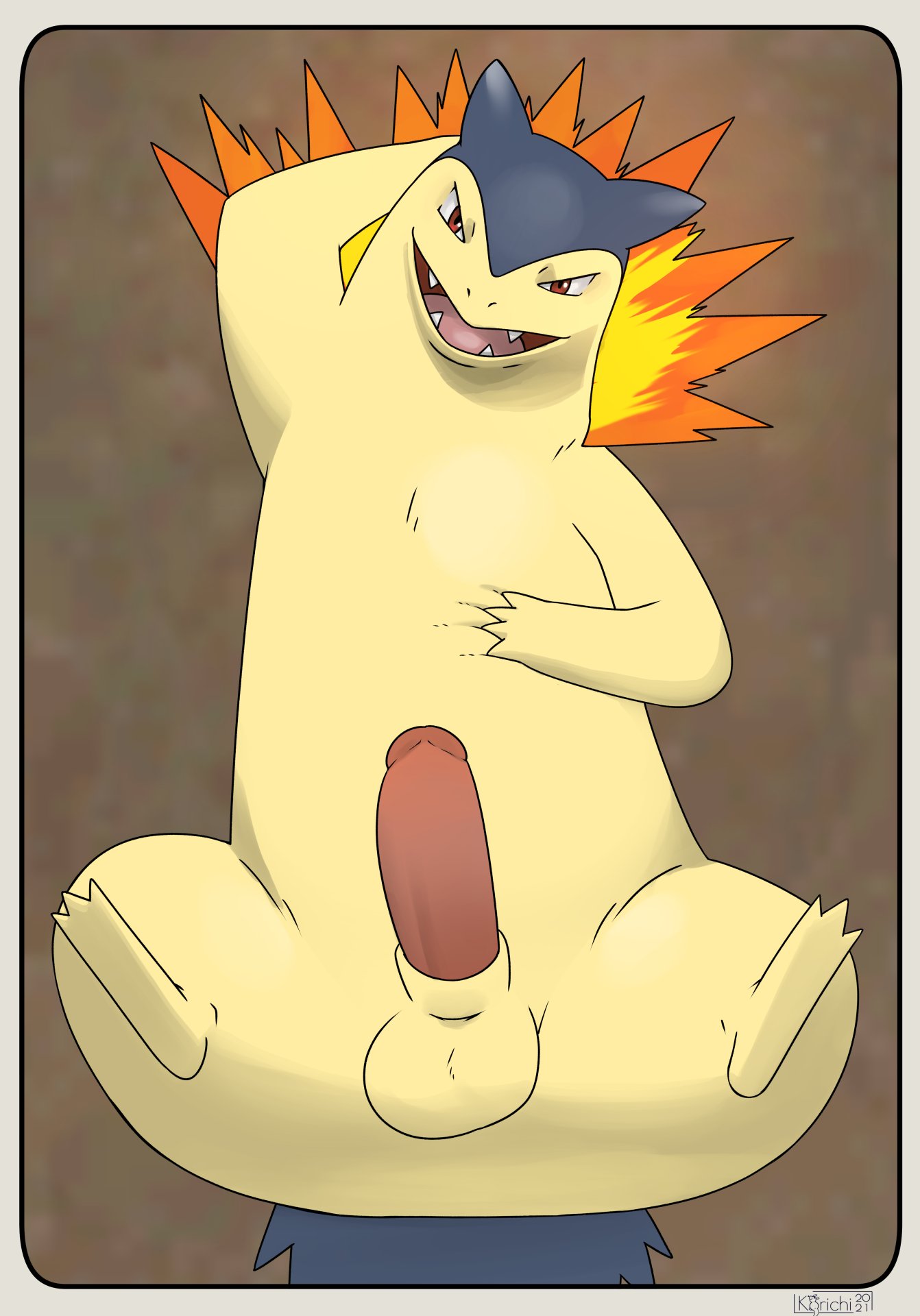 2021 3_toes 4_fingers balls black_border border brown_sclera erection feet fingers genitals hand_behind_head hand_on_stomach hi_res humanoid_genitalia humanoid_penis korichi looking_at_viewer male nintendo penis pok&eacute;mon pok&eacute;mon_(species) presenting presenting_penis solo toes tongue typhlosion video_games