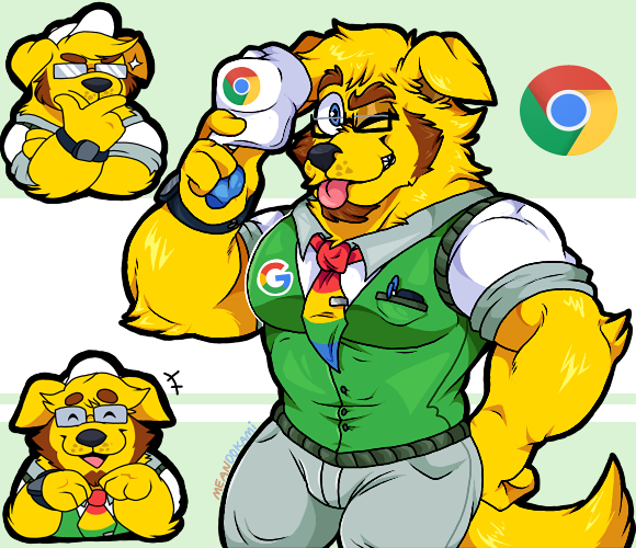 2022 anthro black_nose bulge canid canine canis clothing domestic_dog eyewear glasses google google_chrome humanoid_hands lewdookami male mammal necktie one_eye_closed shirt solo tongue tongue_out topwear wink yellow_body