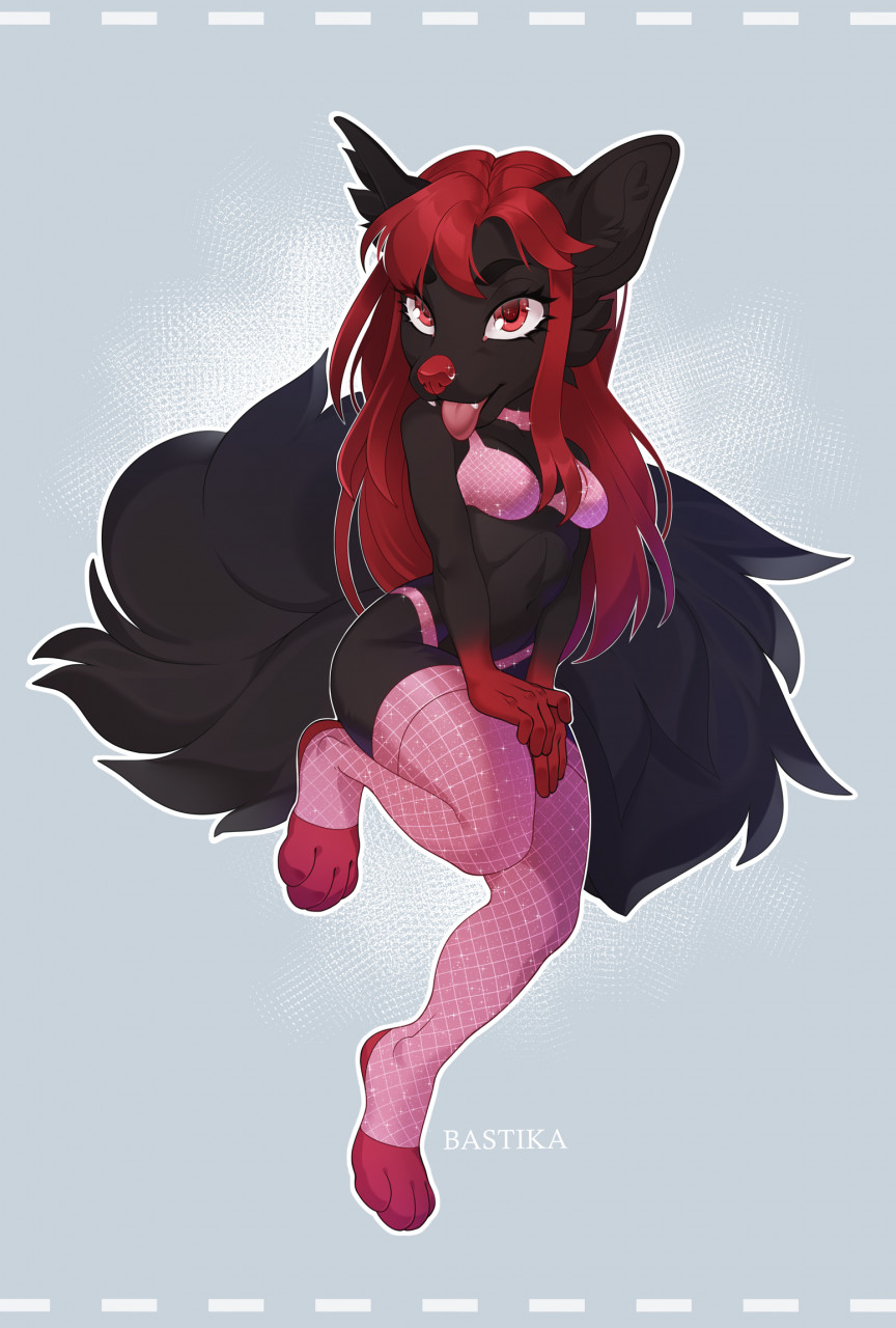 2022 4_toes 5_fingers anthro bastika black_body black_fur breasts canid canine canis clothed clothing digital_media_(artwork) feet female fingers fur hair hi_res mammal midriff navel orange_eyes red_hair simple_background solo toes wolf