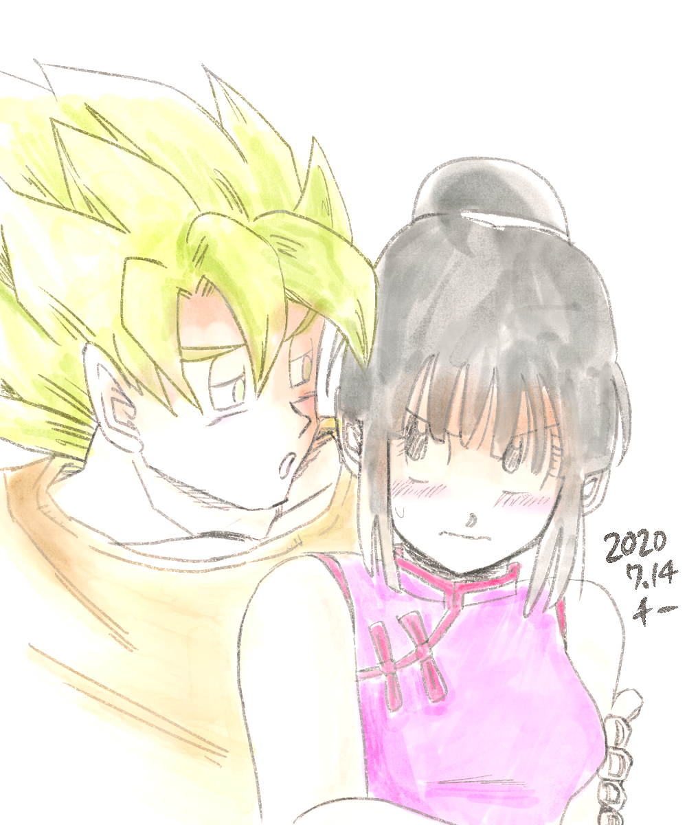 1boy 1girl arms_at_sides bangs bare_arms black_eyes black_hair blonde_hair blunt_bangs blush breasts chi-chi_(dragon_ball) chi_(cmon_57) china_dress chinese_clothes closed_mouth collarbone couple dragon_ball dragon_ball_z dress eyelashes fingernails frown green_eyes hair_bun half-closed_eyes hand_on_another's_arm hetero highres looking_at_another medium_breasts nervous orange_shirt pale_color parted_lips pink_dress shirt shy side-by-side sidelocks sideways_glance simple_background sleeveless sleeveless_dress son_goku spiked_hair super_saiyan super_saiyan_1 sweatdrop upper_body v-shaped_eyebrows wavy_mouth white_background