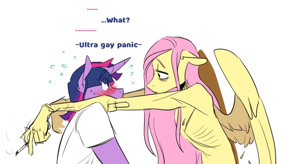 blush bodily_fluids cigarette clothing crossgender dialogue duo english_text equid equine fluttershy_(mlp) friendship_is_magic ftm_crossgender hair horn male mammal my_little_pony panic pegasus pink_hair purple_hair redxbacon skinny sweat sweatdrop text twilight_sparkle_(mlp) unicorn wings