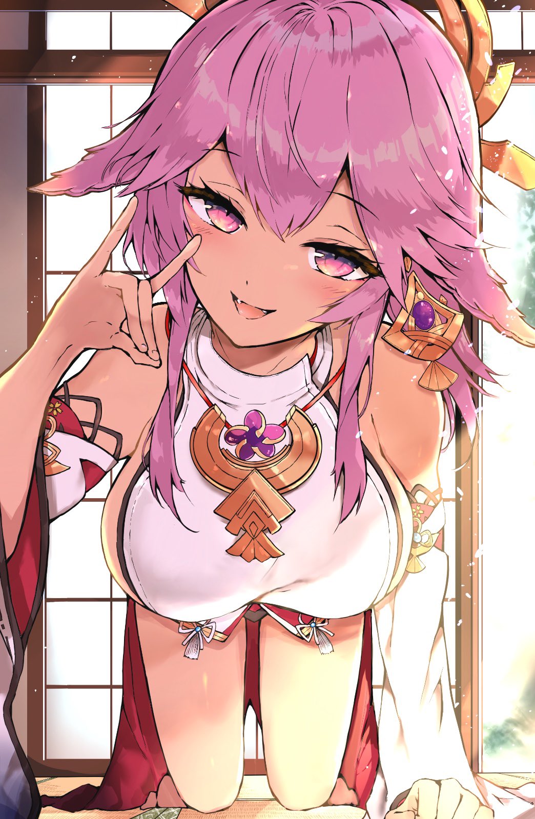 1girl :d animal_ears bare_shoulders bent_over blush breasts fangs fox_ears fox_girl genshin_impact hair_between_eyes hair_ornament highres japanese_clothes large_breasts long_hair long_sleeves looking_at_viewer miko naughty_face open_mouth pink_hair purple_eyes sideboob smile solo sunlight venomrobo wide_sleeves yae_miko