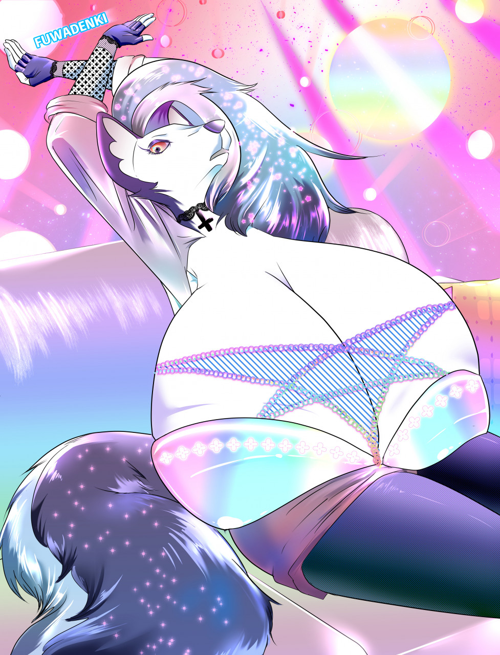 anthro big_breasts breast_growth breasts canid canid_demon canine canis demon female fuwadenki growth hellhound helluva_boss hi_res huge_breasts hyper hyper_breasts loona_(helluva_boss) mammal party rave solo solo_focus wolf