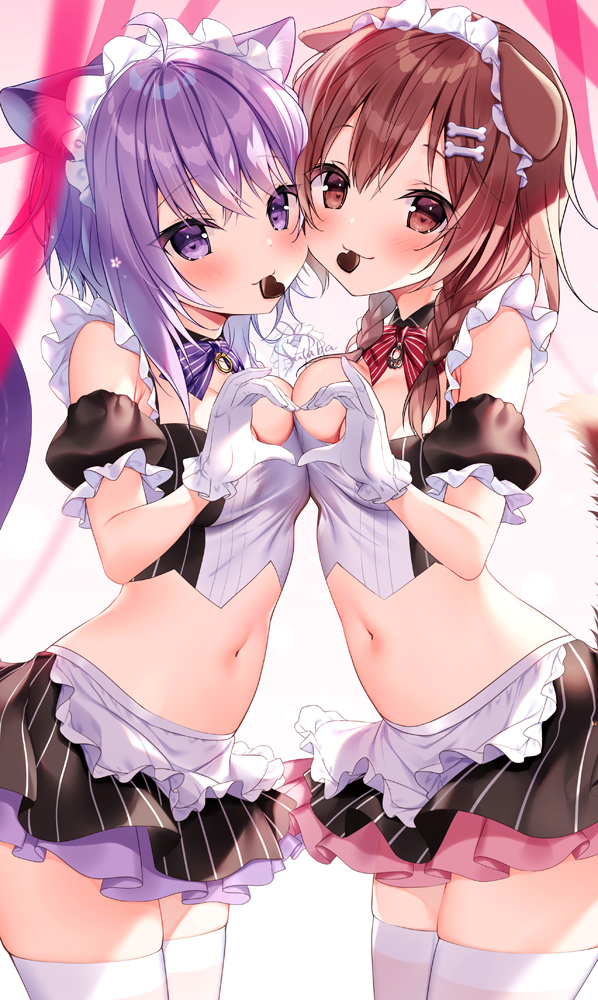 2girls ahoge animal_ear_fluff animal_ears bangs bare_shoulders black_legwear black_skirt blush bone_hair_ornament bow bowtie braid breasts brown_eyes brown_hair candy cat_ears cat_girl cat_tail cheek-to-cheek chocolate cleavage closed_mouth cowboy_shot crop_top detached_sleeves dog_ears dog_girl dog_tail eyebrows_visible_through_hair food frills futaba_miwa gloves hair_ornament heads_together heart heart-shaped_chocolate heart_hands heart_hands_duo hololive inugami_korone layered_skirt long_hair looking_at_viewer maid_headdress medium_breasts mouth_hold multiple_girls navel nekomata_okayu puffy_short_sleeves puffy_sleeves purple_bow purple_bowtie purple_eyes purple_hair red_bow red_bowtie short_hair short_sleeves signature simple_background skindentation skirt smile stomach striped striped_skirt tail thighhighs twin_braids vertical-striped_skirt vertical_stripes virtual_youtuber white_background white_gloves zettai_ryouiki