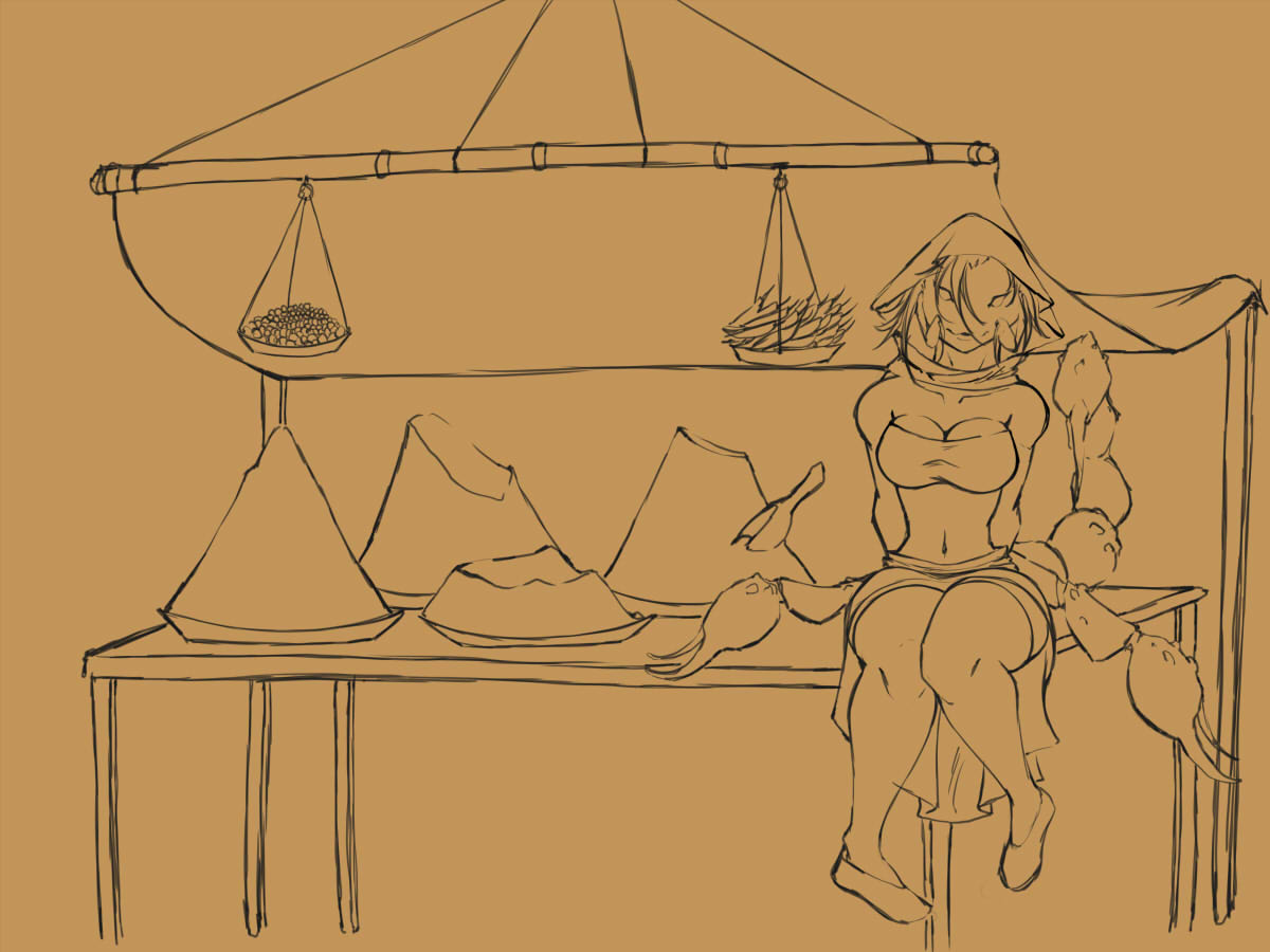 anthro arachnid arthropod breasts chilies cleavage clothed clothing cryphalen dress female furniture merchant scoop scorpion sitting solo spices stall_(disambiguation) table tarp tent