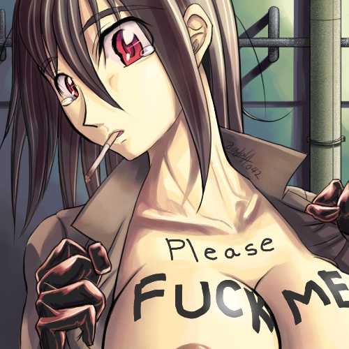 body_writing breasts bust_shot character_request female flashing gloves jajala lowres naked_coat naked_jacket nipples no_bra open_clothes open_jacket outdoors outside red_eyes smoking solo tears