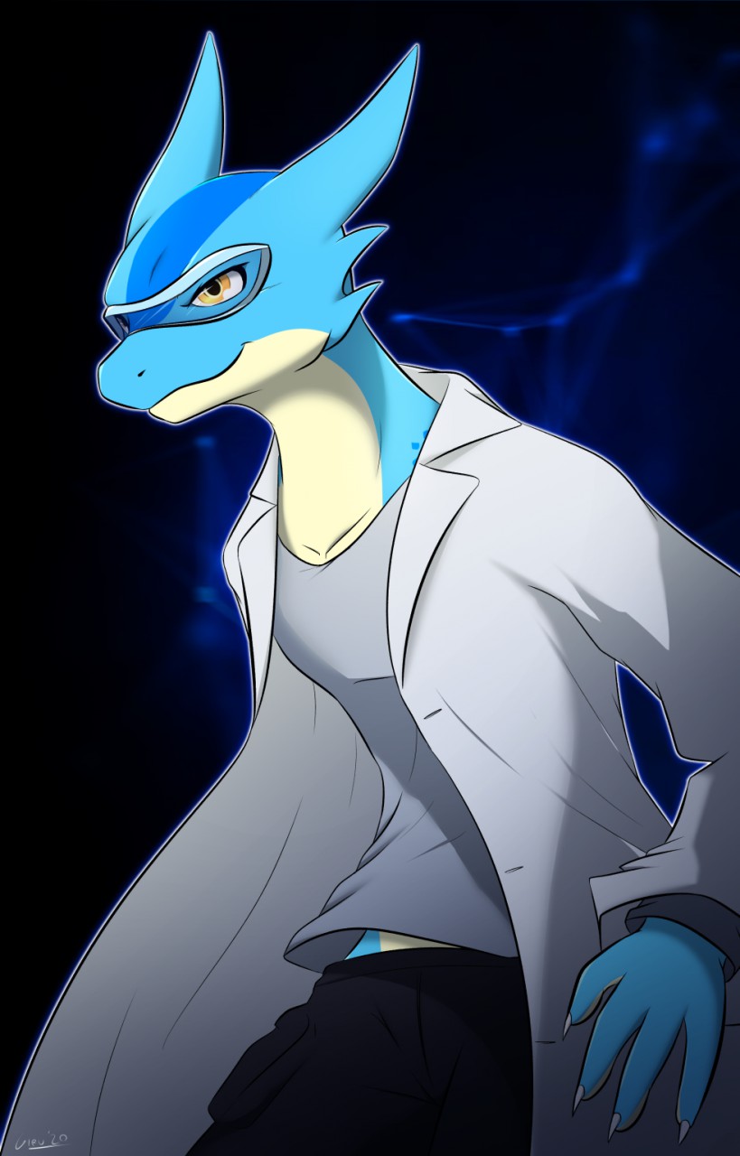 anthro blue_body blue_scales bottomwear claws clothed clothing coat giru_(artist) hi_res kobold lab_coat male orange_eyes safety_goggles scales solo standing tan_body tan_scales topwear unknown_character