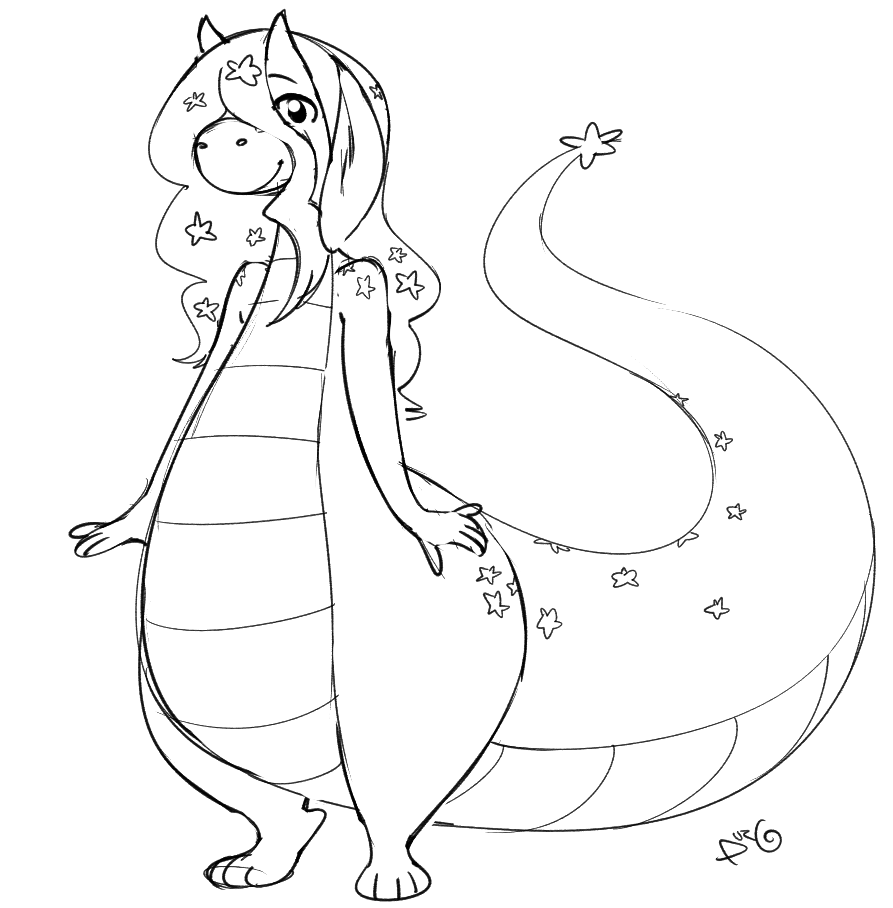 anthro dragon durg_(artist) hair jellybean_the_dragon long_hair monochrome scalie star_motif