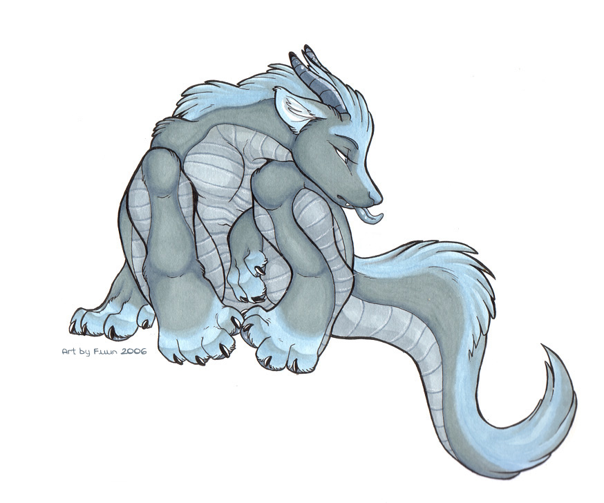 ambiguous_gender anthro blue-grey_fur dragon fur fuun horn sad simple_background sitting solo tongue tongue_out white_background