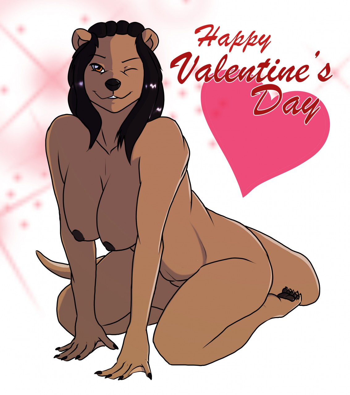 &lt;3 2019 5_fingers 5_toes anthro black_hair black_nose black_pawpads breasts brown_body brown_fur claws digital_media_(artwork) english_text feet female finger_claws fingers fur hair hi_res hindpaw holidays humanoid_hands kneeling long_hair looking_at_viewer lutrine malana_(lei-lani) mammal membrane_(anatomy) mustelid nipples nude one_eye_closed pawpads paws pinup pose smile solo text the_depths toe_claws toes umpherio valentine's_day webbed_hands wink winking_at_viewer