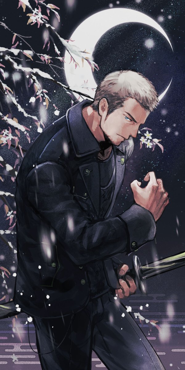 1boy black_jacket black_pants black_shirt blue_eyes brown_hair closed_mouth cor_leonis crescent_moon facial_hair final_fantasy final_fantasy_xv highres holding holding_sword holding_weapon jacket koro_mma looking_at_viewer male_focus moon night night_sky open_clothes open_jacket outdoors pants shirt short_hair sideburns sky solo stubble sword weapon