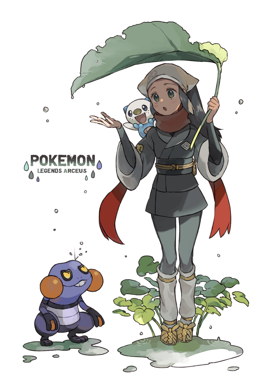 1girl :o akari_(pokemon) black_hair blush brown_footwear croagunk eyelashes grey_eyes grey_headwear grey_jacket grey_legwear grey_skirt hands_up head_scarf highres holding holding_leaf jacket leaf long_hair loose_socks oshawott pantyhose pokemon pokemon_(creature) pokemon_(game) pokemon_legends:_arceus ponytail puddle sasairebun sash shirt shoes sidelocks skirt standing symbol-only_commentary water_drop white_legwear