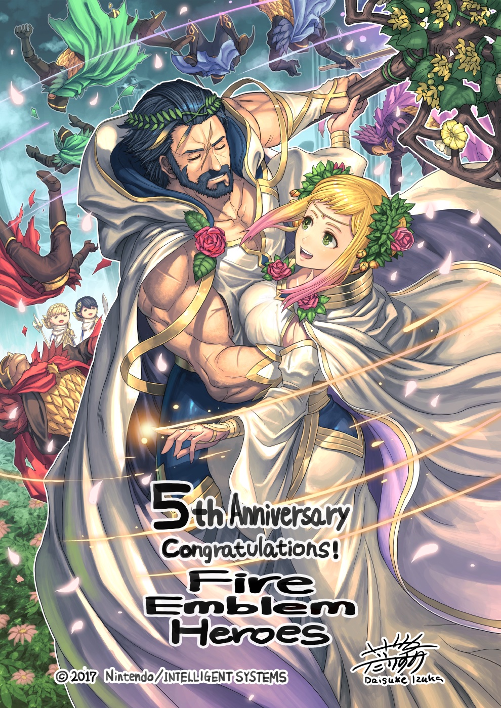 2boys 2girls alfonse_(fire_emblem) alternate_costume anniversary axe blonde_hair blue_hair breasts brother_and_sister cape closed_eyes dancing facial_hair father_and_daughter father_and_son fire_emblem fire_emblem_heroes floating_cape flower green_eyes gustav_(fire_emblem) hair_flower hair_ornament henriette_(fire_emblem) highres husband_and_wife izuka_daisuke lance large_breasts mother_and_daughter mother_and_son multicolored_hair multiple_boys multiple_girls official_alternate_costume open_mouth polearm scar scar_on_arm scar_on_face sharena_(fire_emblem) siblings smile spear sword weapon