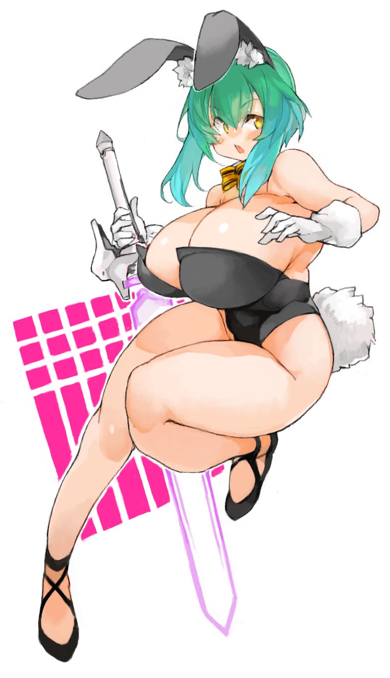 1girl animal_ears breasts detached_collar fake_animal_ears green_hair highres holding holding_weapon huge_breasts leotard original playboy_bunny rabbit_ears sachito simple_background solo strapless strapless_leotard sword thick_thighs thighs weapon white_background yellow_eyes