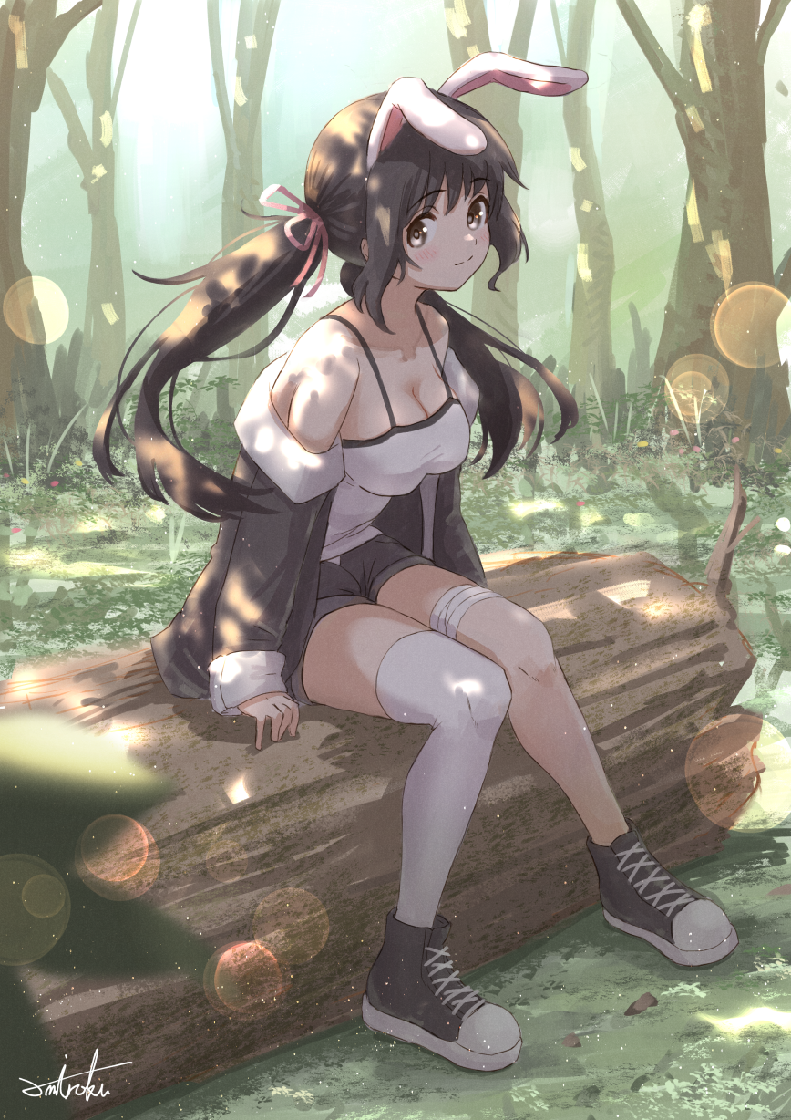 1girl animal_ears bandaged_leg bandages bangs black_footwear black_hair black_jacket black_shorts blurry blurry_foreground blush breasts brown_eyes camisole cleavage closed_mouth commentary commission day depth_of_field eyebrows_visible_through_hair hair_between_eyes hair_ribbon highres jacket log long_hair long_sleeves looking_at_viewer low_twintails medium_breasts off_shoulder open_clothes open_jacket original outdoors pink_ribbon rabbit_ears ribbon shoes short_shorts shorts signature single_thighhigh sitting skeb_commission sleeves_past_wrists smile solo thighhighs tree twintails umiroku very_long_hair white_camisole white_legwear