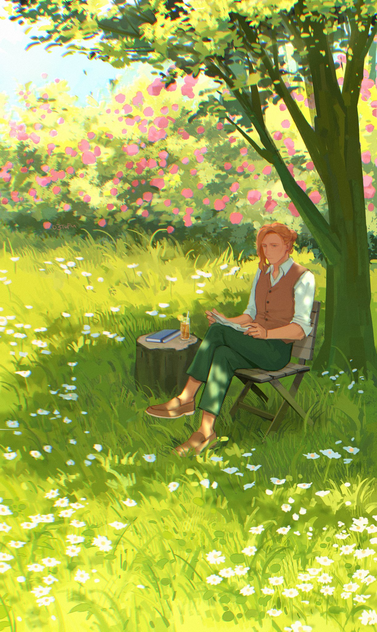 1boy book brown_footwear brown_hair cardigan_vest chair character_request closed_mouth collared_shirt commentary crossed_legs cup dappled_sunlight day drinking_straw english_commentary flower grass green_eyes green_pants hair_bun highres liquid looking_down o3tofu outdoors pants reading shirt shoes signature solo stardew_valley sunlight tree white_flower white_shirt wide_shot