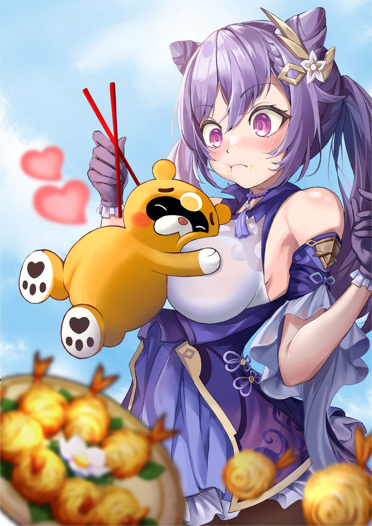 1boy 1girl ^_^ armpits bare_shoulders between_breasts blue_sky braid breast_smother breasts chopsticks closed_eyes double_bun dress eating face_to_breasts flower food food_on_face frilled_dress frilled_sleeves frills genshin_impact gloves guoba_(genshin_impact) hair_ornament hairclip happy heart highres holding holding_chopsticks hug hungz jumping keqing_(genshin_impact) medium_breasts panda pantyhose paw_print plate purple_eyes purple_gloves purple_hair shrimp sky twintails