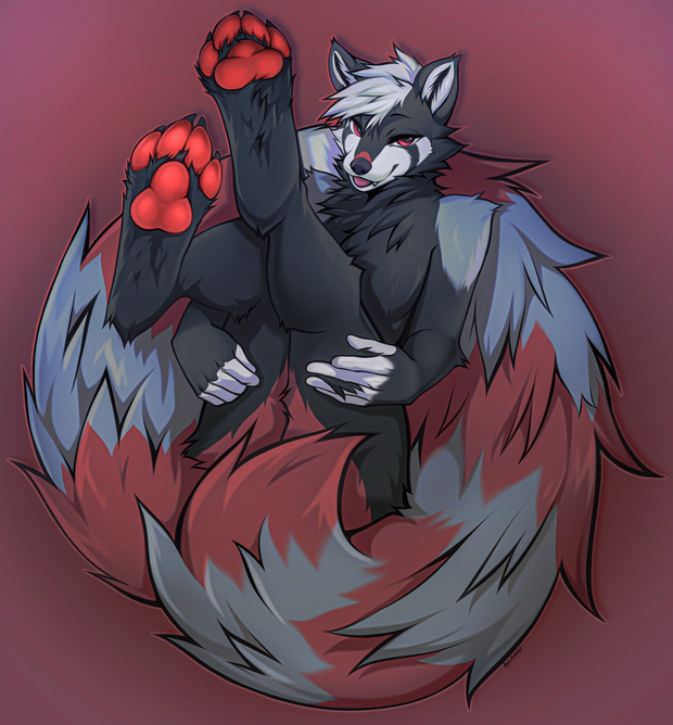 2022 5_fingers angiewolf anthro covering fingers fur gradient_background lidded_eyes looking_at_viewer male mammal multi_tail red_eyes simple_background solo strategically_covered tongue tongue_out underpaw