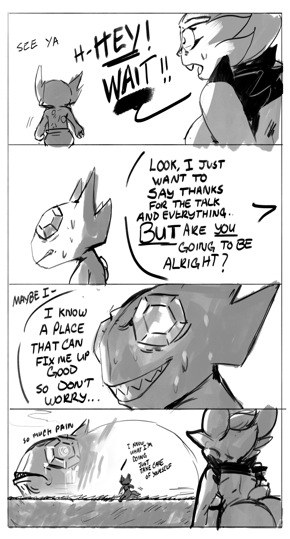 2021 anthro bodily_fluids cinderace comic diaper dodudoru duo english_text female grass hi_res lagomorph leporid male mammal monochrome monster nintendo plant pok&eacute;mon pok&eacute;mon_(species) rabbit sableye sharp_teeth simple_background sweat sweatdrop tagme teeth text video_games white_background