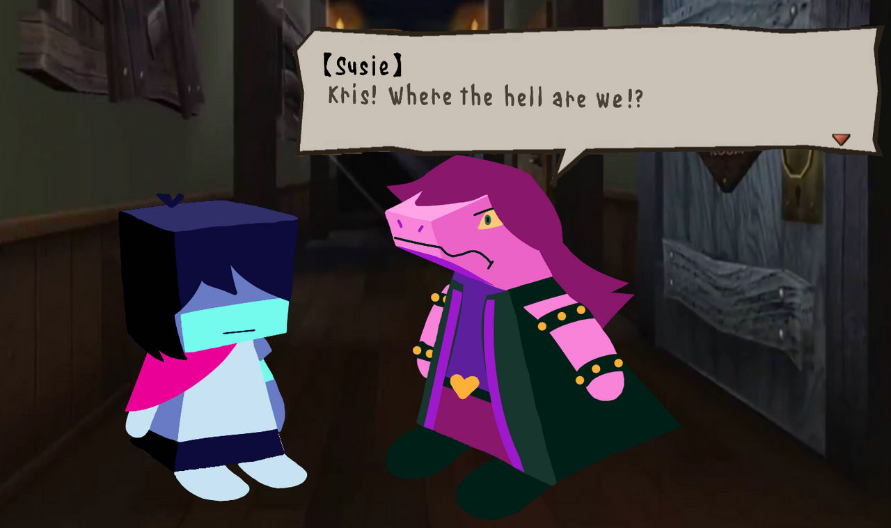 2021 anthro catherine_(gregory_horror_show) clothed clothing deltarune dialogue_box dinosaur duo english_text female gregory_(gregory_horror_show) gregory_horror_show human humor kris_(deltarune) kris_where_are_we male mammal meme parody reptile saimotaa scalie screencap screencap_background susie_(deltarune) text undertale_(series) video_games