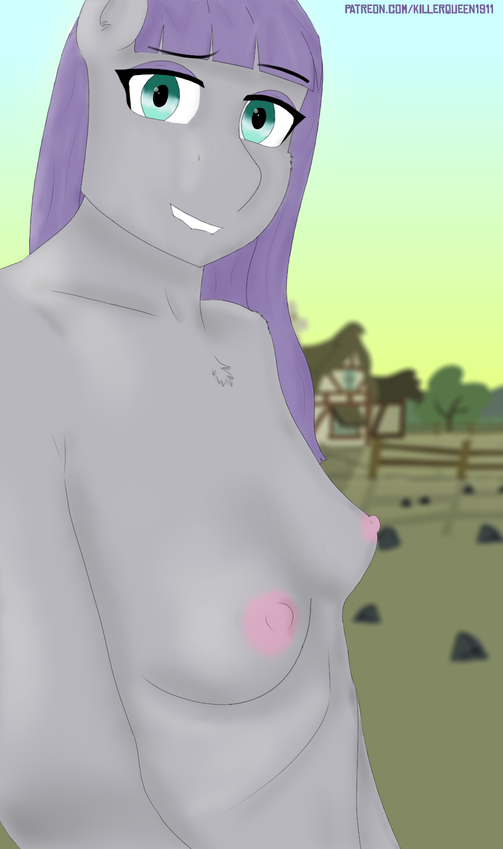 animal_humanoid anthro areola athletic bite biting_lip blue_eyes breasts chest_tuft detailed_background earth_pony equid equine erect_nipples eyeshadow farm farm_girl female fluffy fluffy_chest fluffy_ears friendship_is_magic fur grey_body grey_fur hair hasbro hi_res horse humanoid killerqueen1911 looking_at_viewer makeup mammal mammal_humanoid maud_pie_(mlp) my_little_pony nipples nude pony purple_hair slim smile smiling_at_viewer solo solo_focus tuft