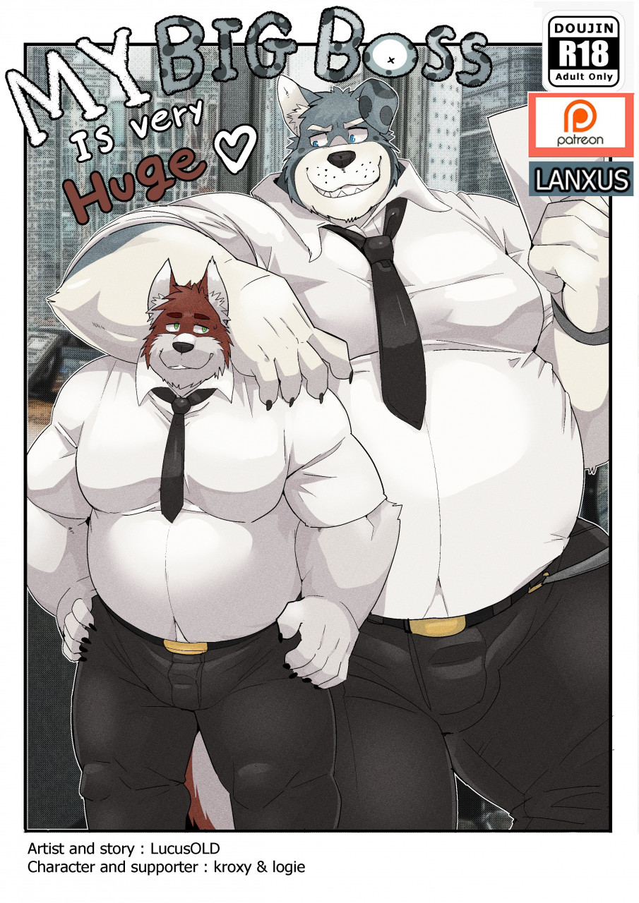 anthro belly big_belly bottomwear canid canine canis clothed clothing comic domestic_dog duo fully_clothed hi_res kroxy logie_(character) lucusold male mammal musclegut overweight overweight_anthro overweight_male pants smile standing topwear