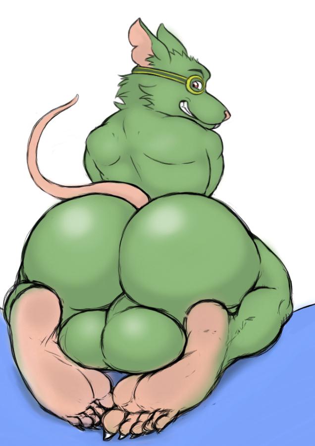 anthro back_muscles balls big_balls big_butt butt digital_media_(artwork) eyewear feet genitals glasses green_body grin gypsy_king_(artist) heavy_balls huge_balls huge_butt humanoid_feet hyper hyper_balls hyper_butt hyper_genitalia league_of_legends looking_at_viewer looking_back male mammal murid nude riot_games rodent sitting smile solo twitch_(lol) video_games