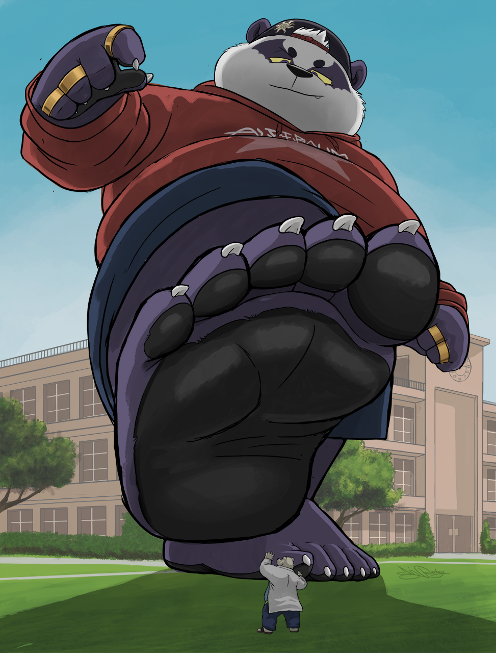 5_toes alp_(tas) anthro barefoot city city_background claws clothed clothing dj-rodney duo feet foot_fetish foot_focus giant_panda hi_res macro male mammal micro overweight overweight_anthro overweight_male paws sky stomping toes ursid