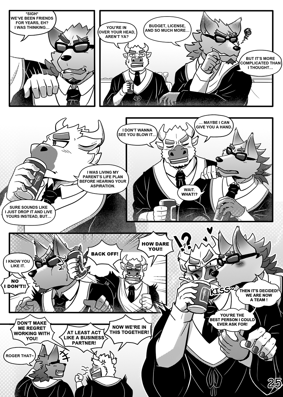 anthro boss_(gym_pals) bovid bovine canid canine canis cattle comic duo eyewear gym_pals h155296 hand_on_shoulder hi_res kissing male male/male mammal manager_(gym_pals) monochrome sunglasses wolf