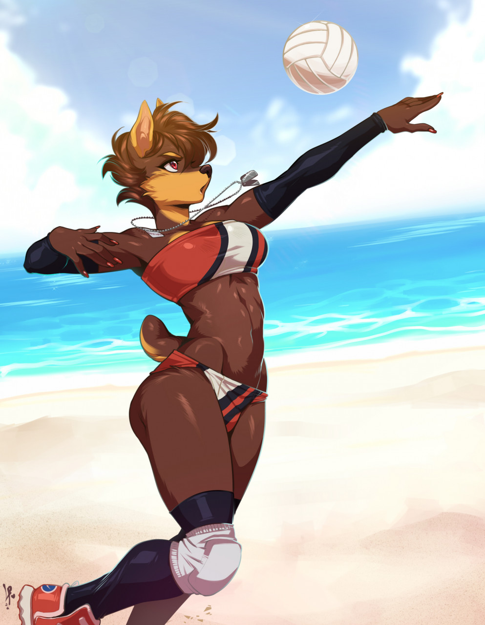 2022 5_fingers abs alison_matthews anthro armwear athletic athletic_anthro athletic_female ball beach bikini bikini_bottom bikini_top black_nose breasts brown_body brown_fur brown_hair canid canine canis claws clothed clothing digital_media_(artwork) dobermann domestic_dog female finger_claws fingers footwear fur hair hi_res humanoid_hands knee_pads legwear luckypan mammal outside pinscher sand seaside shoes signature sneakers socks solo strapless_bikini strapless_clothing strapless_swimwear swimwear thigh_highs thigh_socks volleyball_(ball) water