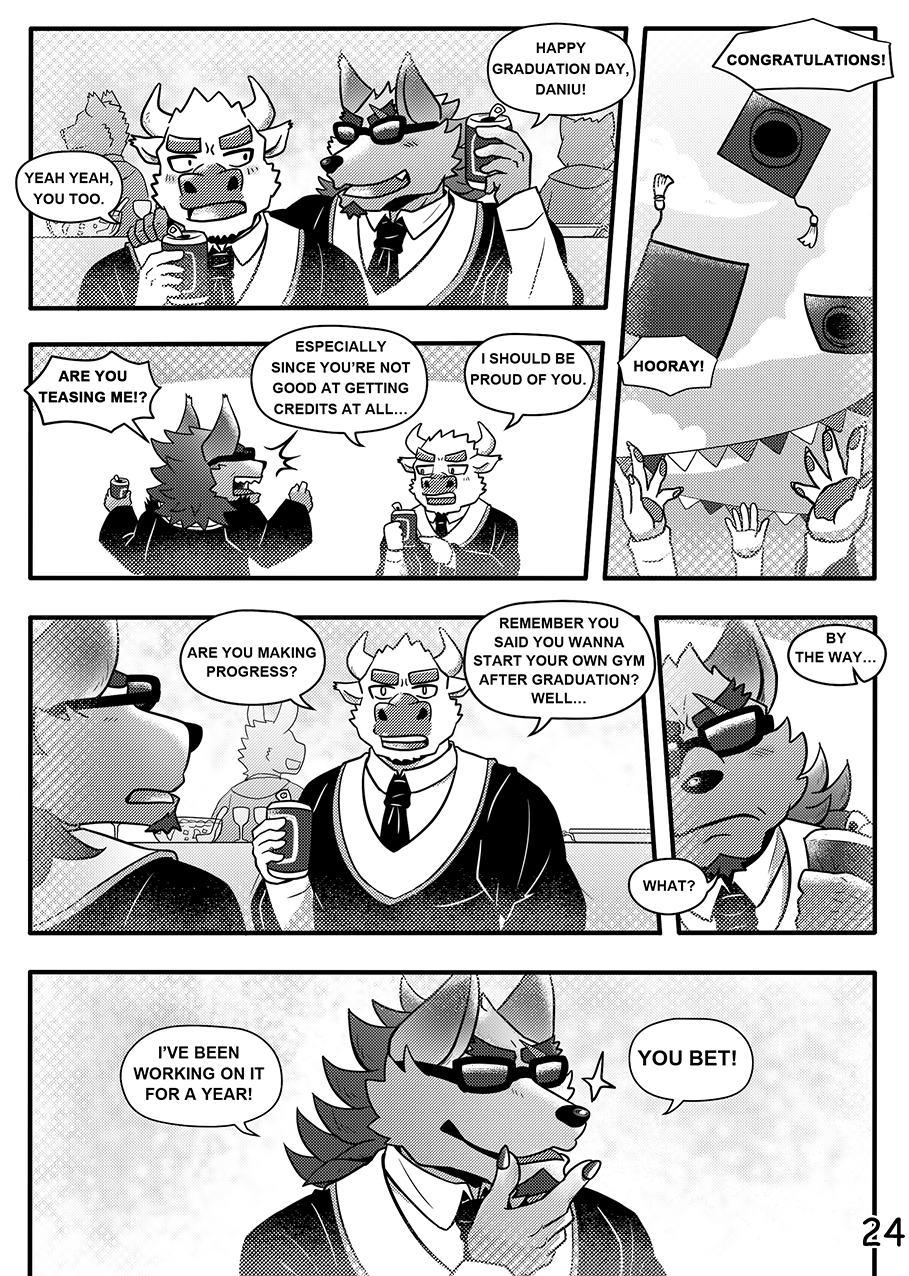 anthro boss_(gym_pals) bovid bovine canid canine canis cattle comic dialogue eyewear graduation_cap gym_pals h155296 hi_res male mammal manager_(gym_pals) monochrome sunglasses wolf