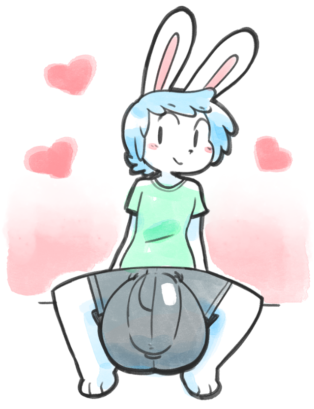 &lt;3 2020 angstrom anthro balls balls_outline big_balls big_bulge blue_hair blush bottomwear bulge clothed clothing genital_outline genitals hair huge_balls lagomorph leporid male mammal marco_(angstrom) penis penis_outline rabbit shirt shorts small_but_hung smile solo topwear young