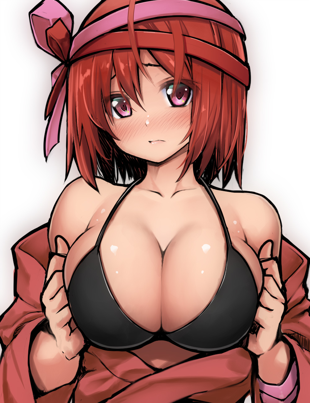 1girl bare_shoulders bikini black_bikini blush breasts chocolate_cosmos_(flower_knight_girl) commentary_request flower_knight_girl hair_ribbon highres kintarou_(kintarou's_room) large_breasts long_sleeves looking_at_viewer medium_hair off_shoulder red_eyes red_hair ribbon solo swimsuit upper_body