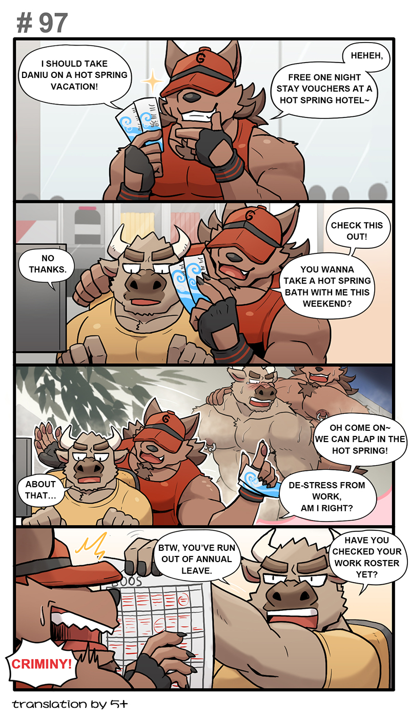 anal anthro boss_(gym_pals) bovid bovine canid canine canis cattle clothing comic dialogue gym_pals h155296 hat headgear headwear hi_res male male/male mammal manager_(gym_pals) nipple_piercing nipples piercing shirt tank_top topwear wolf